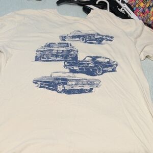 Cream Short Sleeve Tee with Blue Vintage Car Print